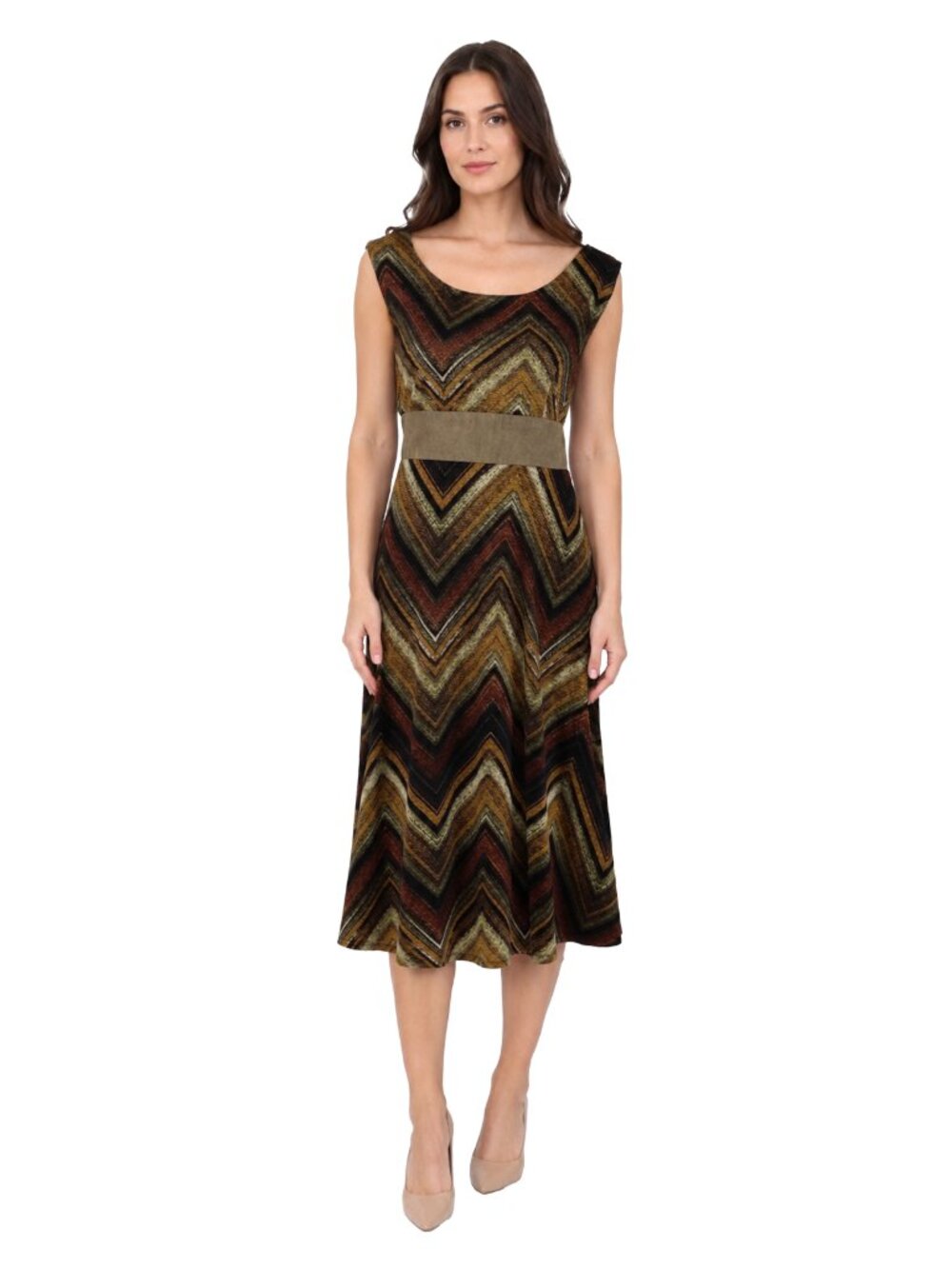 Perceptions Sz 14 Chevron Midi Dress Boho Fall Career Stretch Belted Look